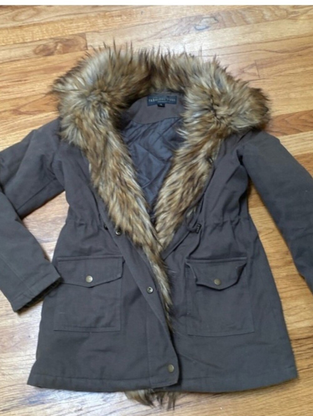 Fabulous Furs Army Green Utility Jacket with Faux Fur Trim S